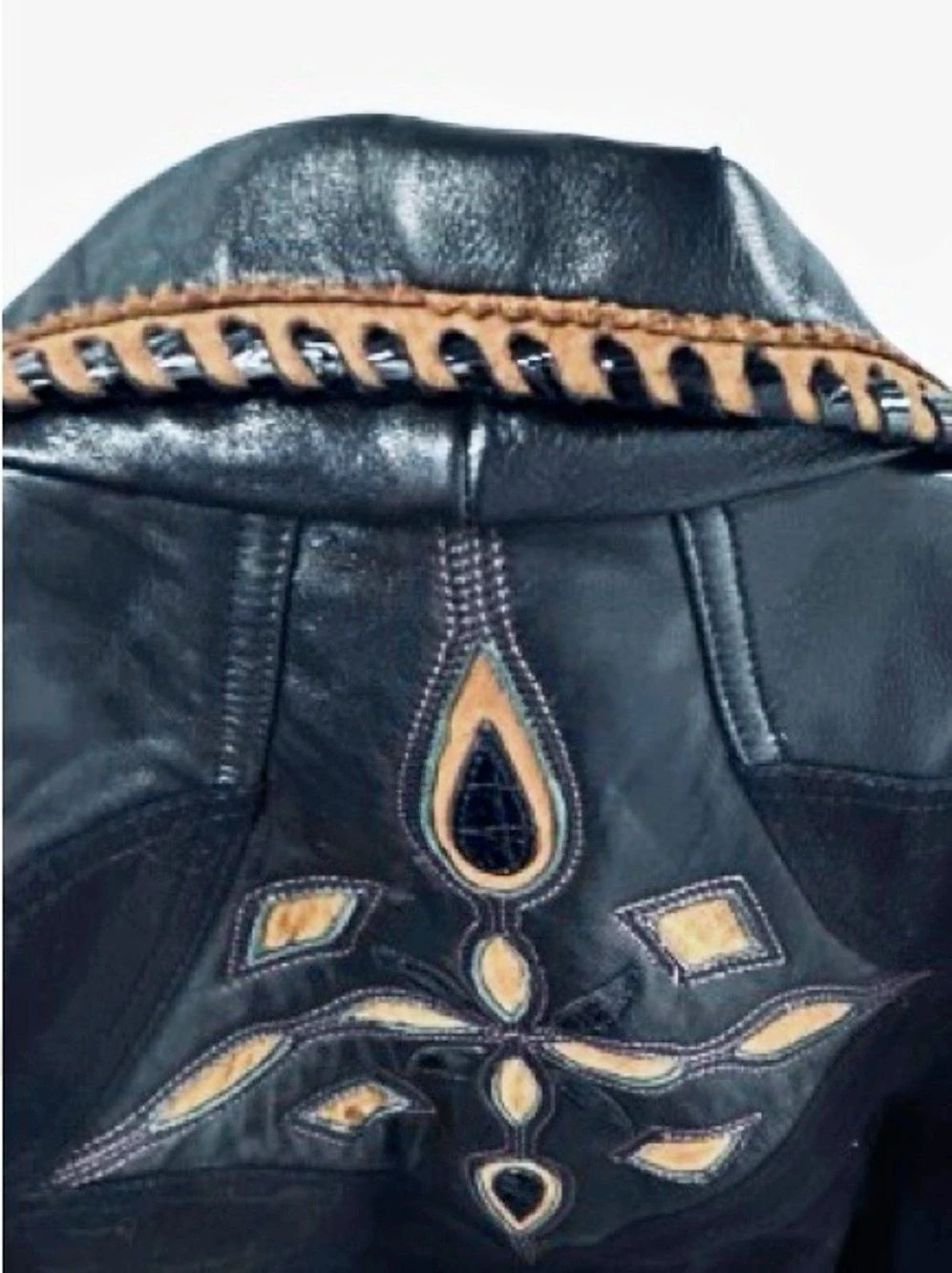 Vintage CACHE Leather & Cotton Embroidered Leather Cotton Jacket Y2K 90’s Native - Picture 7 of 12